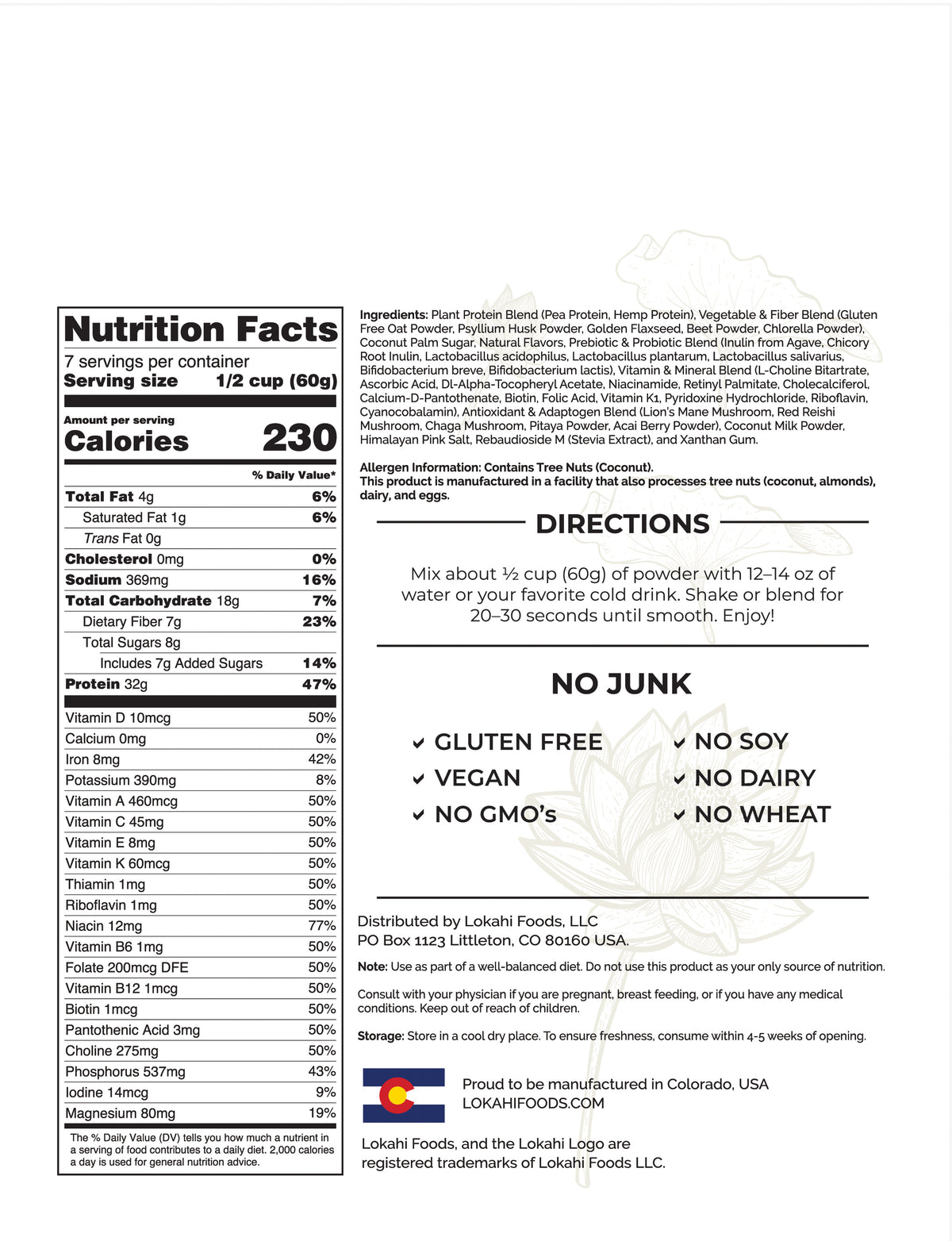 A black and white nutrition facts label and directions sheet for a protein powder. The label includes serving size, calories, nutrients, ingredients list, directions, and claims such as 'NO JUNK' and 'Gluten Free Vegan Gluten Free Non-GMO'.